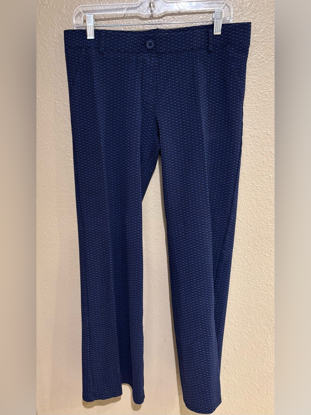 Betabrand Dress Pant Yoga Pants L Navy Blue Print Flare Leg Stretch